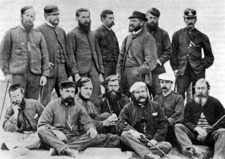 B&W photograph of the Colonial Defence Force officers of the Waikaremoana Expedition, 1866. Back row from left: Major William Airey Richardson, Henry Edwards Handley, Ensign Davis, Major Walter Edward Gudgeon, Lieutenant Colonel Jasper Lucas Herrick, Captain Harvey Spiller, Lieutenant Milner. Sitting from left: James William Witty, Lieutenant Ferguson, Henry William Northcroft, Major David Scannell, Captain Maurice Norman Bower, Captain Alfred Downie Corfield, Major Edward Withers